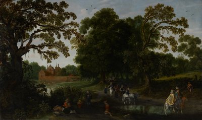 Landscape with a courtly procession before Abtspoel Castle, 1619 by Esaias van de Velde